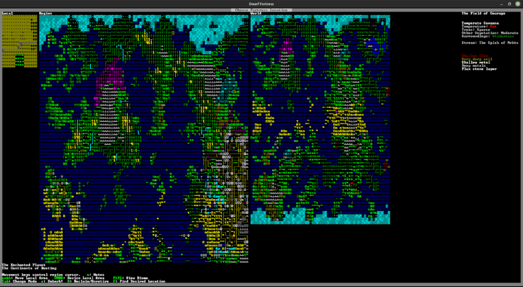 Dwarf Fortress Classic - Kartenbildschirm zur Auswahl des Startgebietes